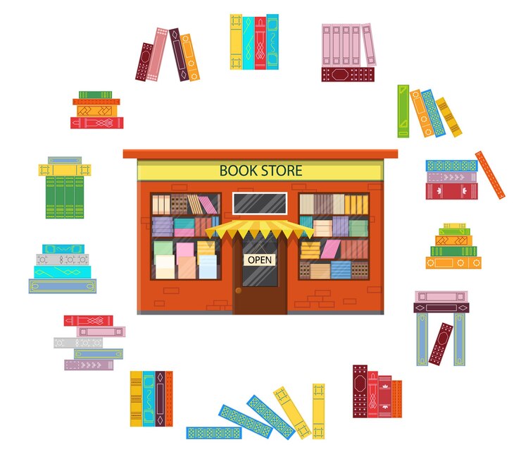 Vector bookstore. vintage shop with a folio. icons the stacks of books in a circle. flat style. isolated on white background. vector illustration.