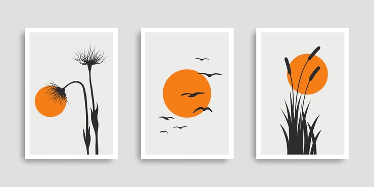 Botanical wall art set Plants and sunset in hand drawn style