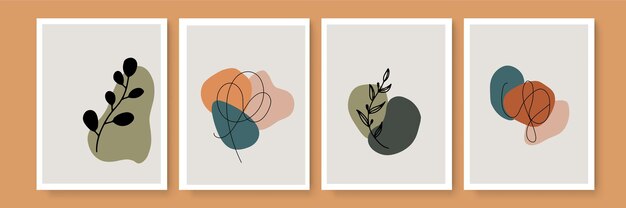 botanical wall art vector set. earth tone boho foliage line art drawing with abstract shape. abstract plant art design for print, cover, wallpaper, minimal and natural wall art
