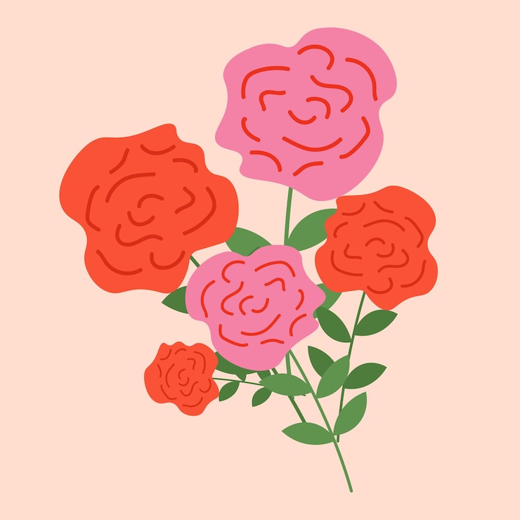 Bouquet of flowers Modern flat illustration with pink and red color