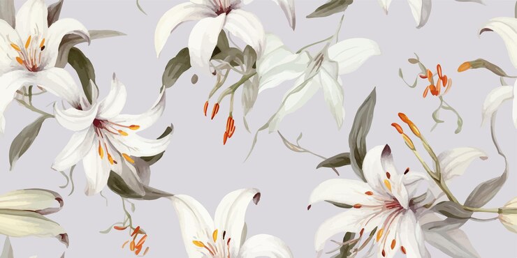 Bouquet of lilies on a light background Seamless pattern Vintage abstract flowers print plants