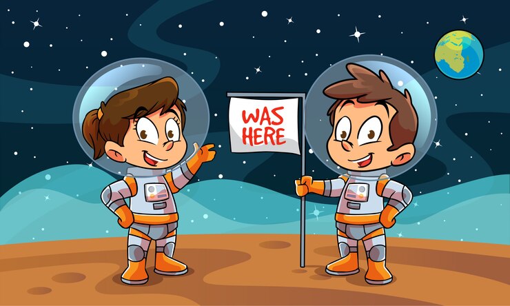 Vector boy and girl astronot landing on the moon 