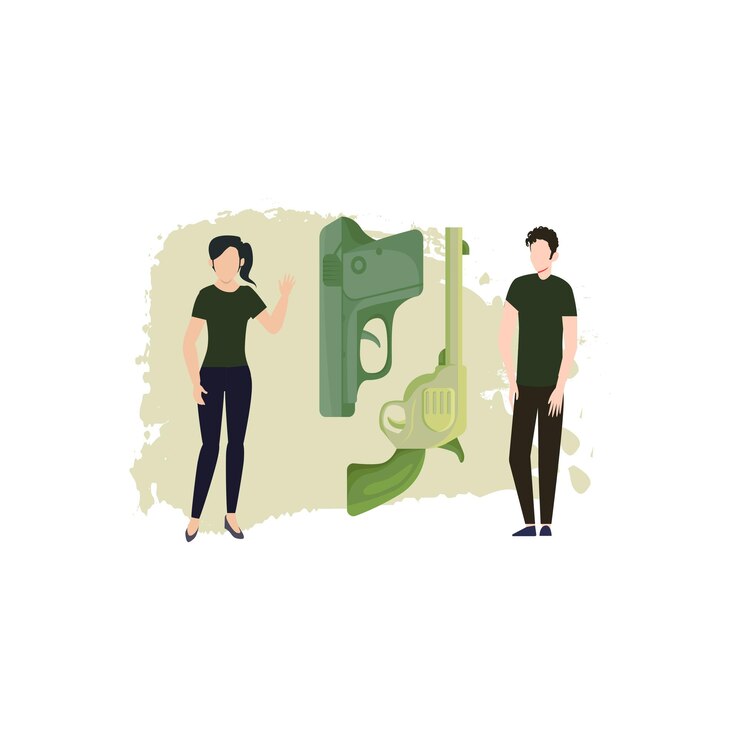 Vector boy and girl looking at gun