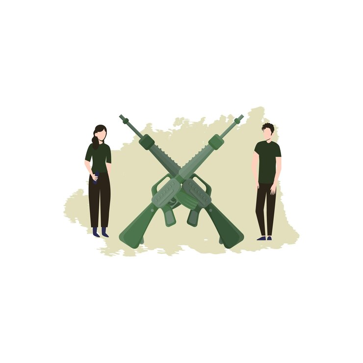 Vector boy and girl looking at gun