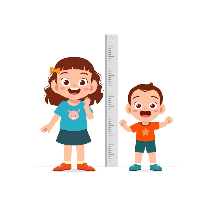 Vector boy and girl measure height and compare grow progress