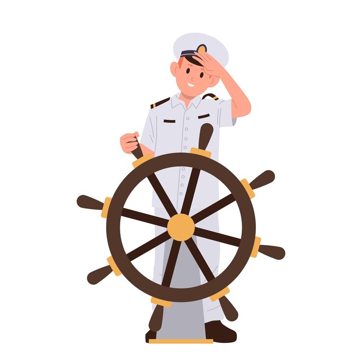 Vector boy captain kid cartoon character standing at helm saluting with greeting gesture isolated on white