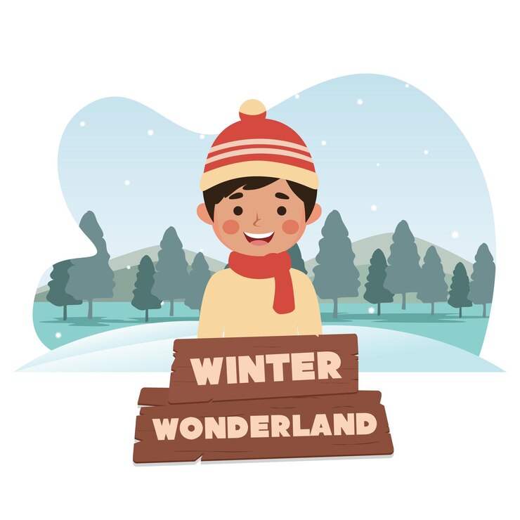 Vector boy character illustration happy smile in the snow