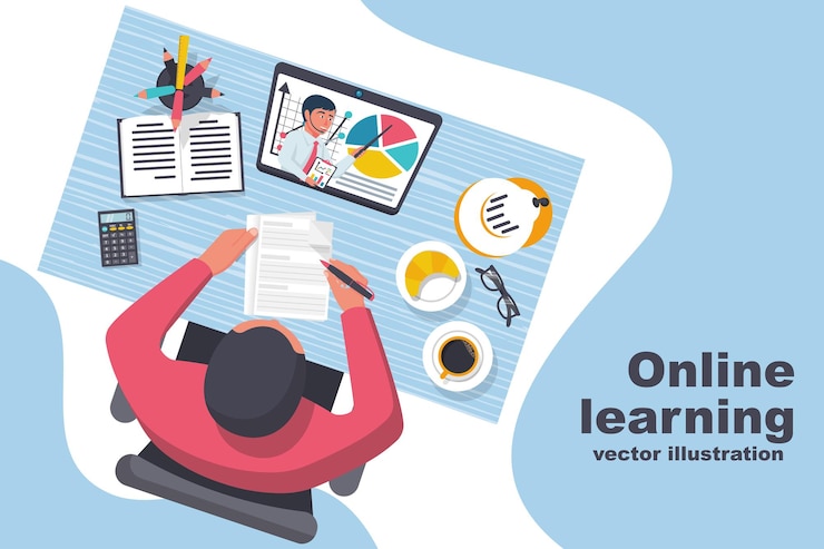 Vector boy is studying at home during quarantine top view on the desktop video lesson with a teacher