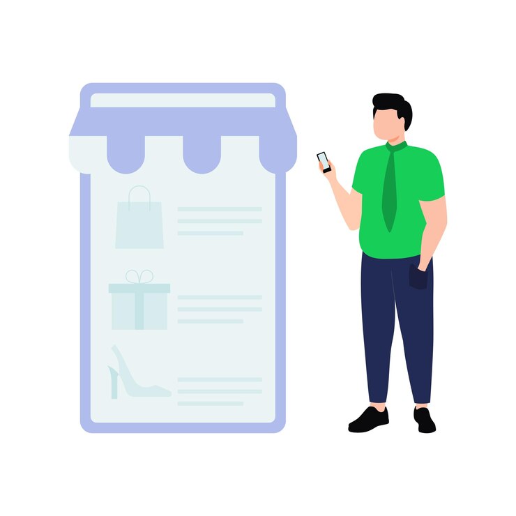 Vector boy looking at shopping list on mobile