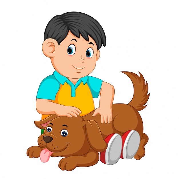 boy scratching dog's back