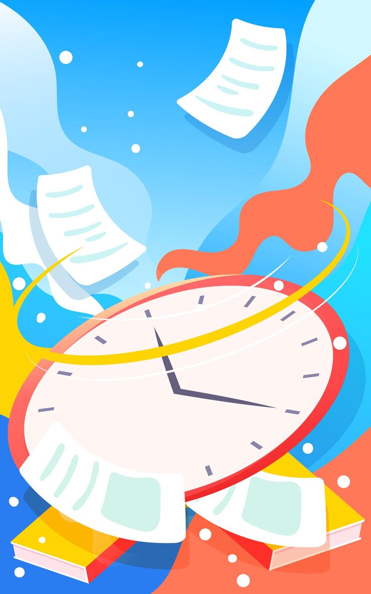 Vector boy standing above the clock with paper and books in the background vector illustration