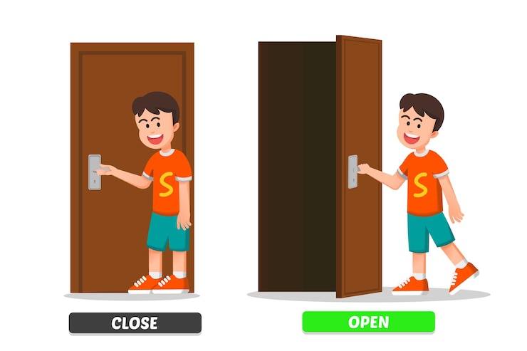 Vector boy with a pose of closing and opening the door