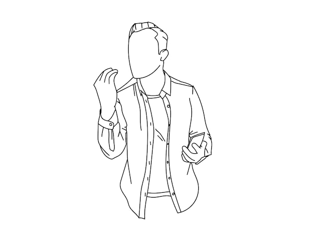 Boy with Phone Line Art Drawing