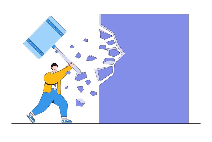 Break free quit exhausted day job to start a new business escape for freedom resign from toxic workplace or consider retirement concepts Businessman holding a hammer breakthrough the wall