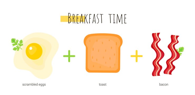 Vector breakfast time which consists of scramble eggs toast and bacon
