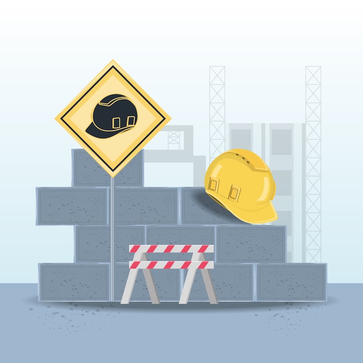 Vector bricks wall with safety helmet and barrier 