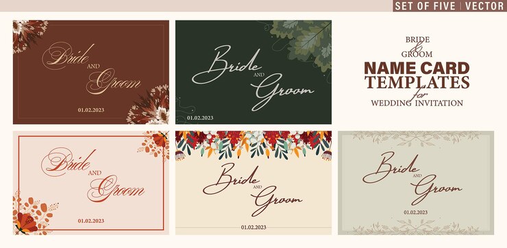 Bride and Groom Name Card TemplatesSet of Five floral ornate cards in Autumn colors
