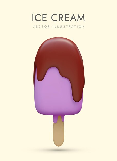 Bright popsicle with chocolate topping Purple ice cream on wooden stick