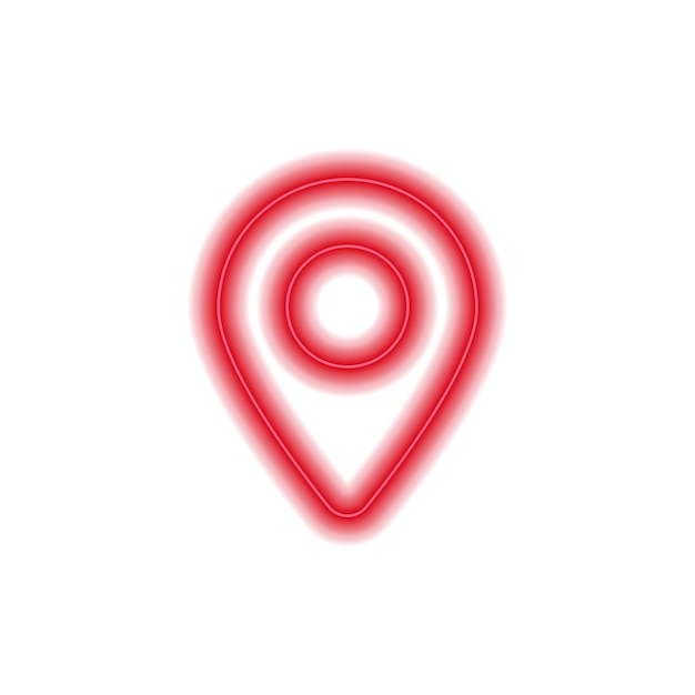 Bright red neon location pin glowing vividly representing precise gps navigation and map guidance