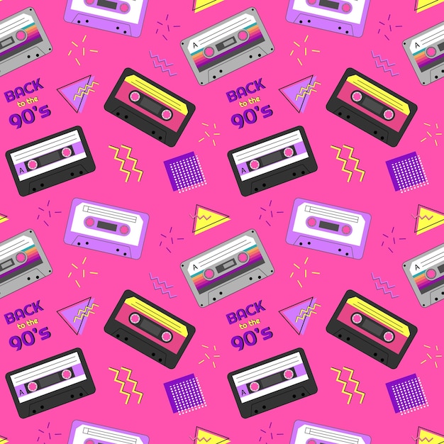 bright seamless pattern in the style of the 90s with audio cassettes vector illustration