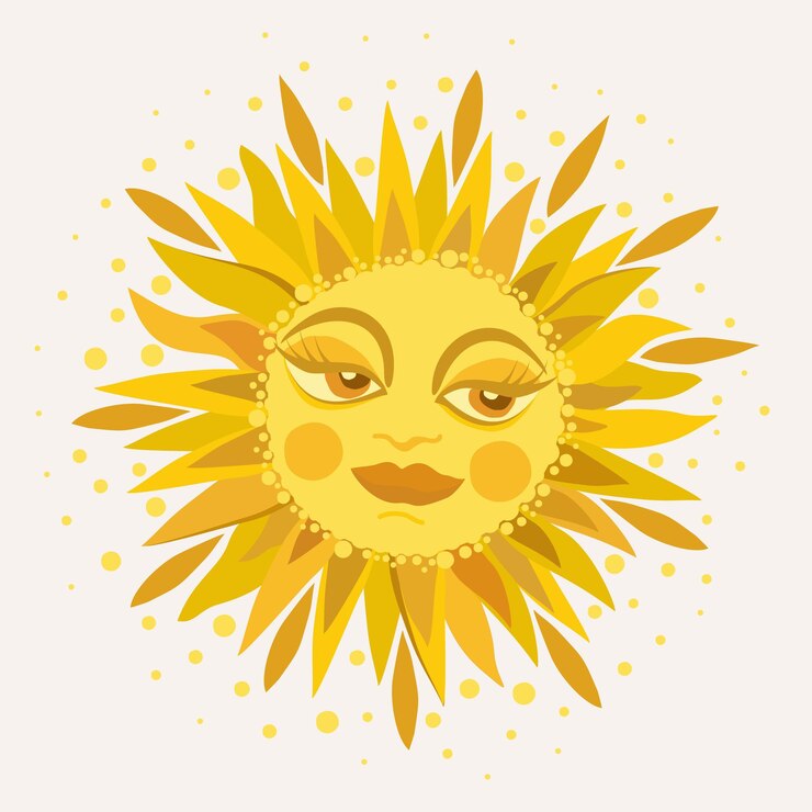 Vector bright sun with big eyes and long eyelashes. vector illustration isolated on light background.