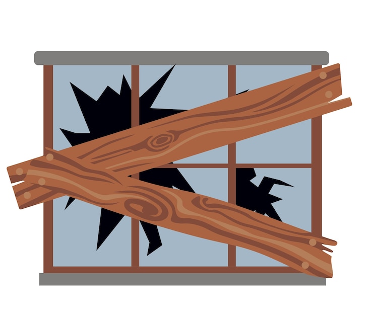 Vector broken and boarded up window flat vector illustration abandoned house window concept symbol