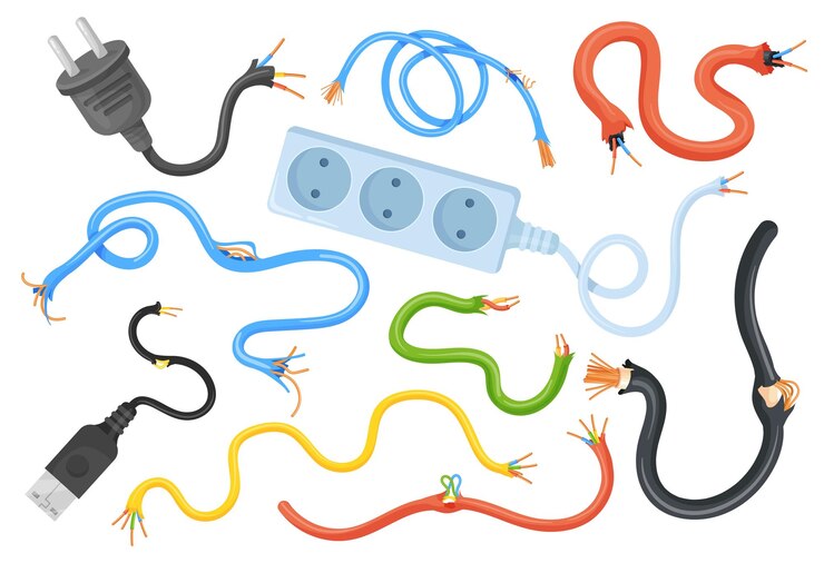 Vector broken cables damaged electric wire torn copper cable connection cord insulation problem electrical current energy power danger voltage circuit hazard neat vector illustration