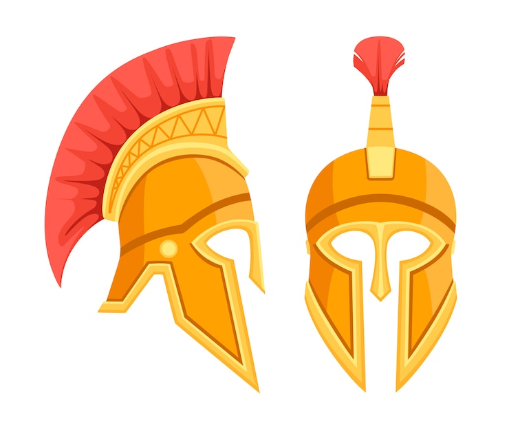 Vector bronze greek helmet. spartan ancient armor. red hair helmet.   illustration  on white background