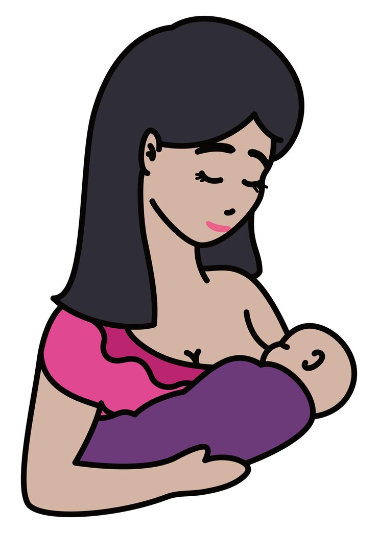 Vector brunette mother with long hair and pink blouse holding her baby and breastfeeding him in flat style