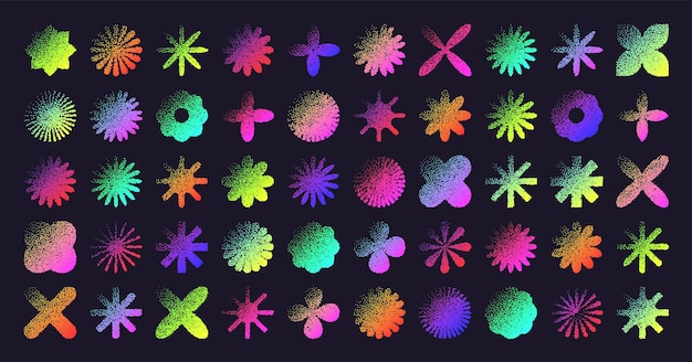 Brutalist geometric shapes dotted objects stipple elements modern symbols neon primitive forms retro