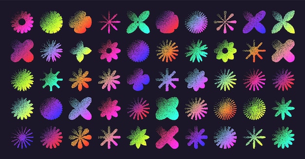 Brutalist geometric shapes dotted objects stipple elements modern symbols neon primitive forms retro