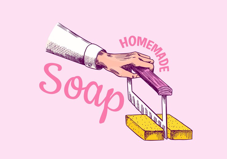 Vector bubble bath soap. hand in vintage style.