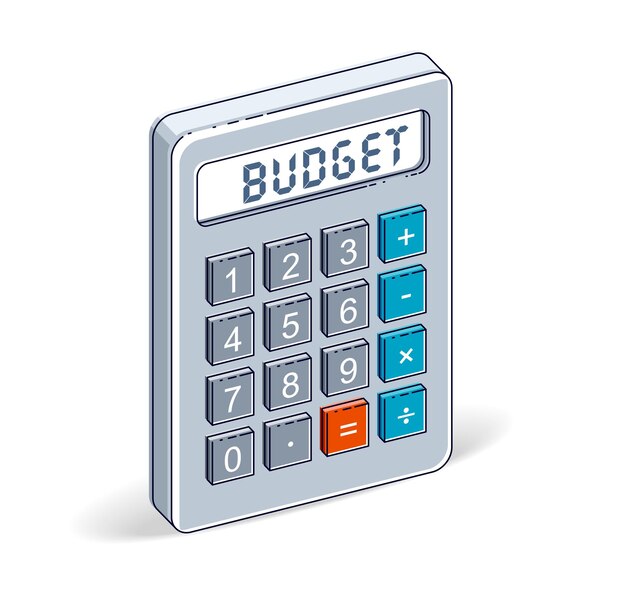 Budget concept, calculator with budget lettering isolated on white background. Vector 3d isometric business and finance illustration.