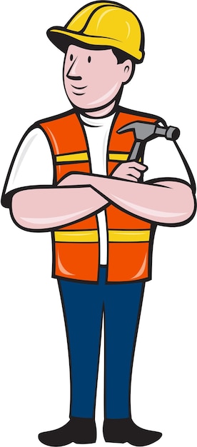 Builder Carpenter Folded Arms Hammer Cartoon