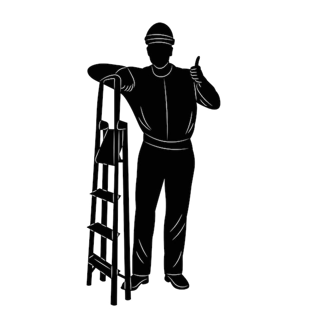 builder with ladder silhouette on white background vector