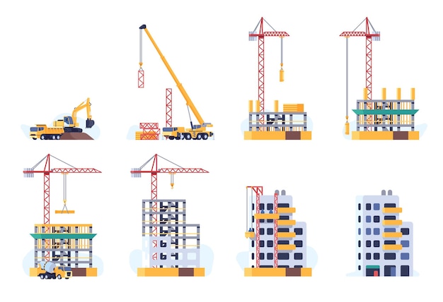 Building process Urban multi story house construction stages progress Build techniques and machines Excavator and crane Housing development Concrete mixer Unfinished city homes Vector concept