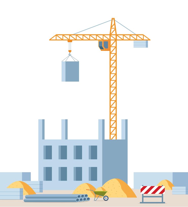 Vector building work process with houses and tower crane vector illustration