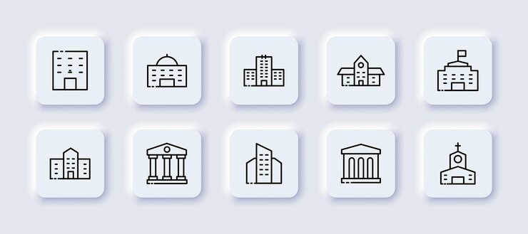 Buildings set icon Schooul university church parliament temple museum theatre columns engineering Architecture concept Neomorphism style Vector line icon for Business and Advertising