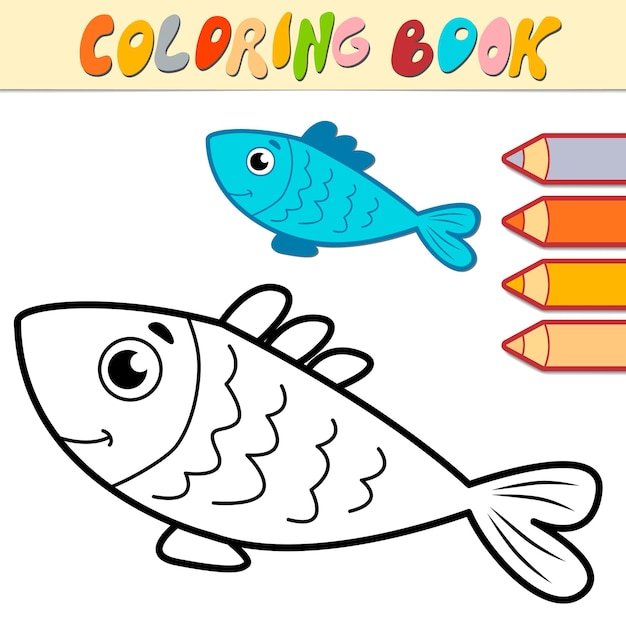 Buku atau halaman mewarnai untuk anak-anak. Ilustrasi hitam putih ikan