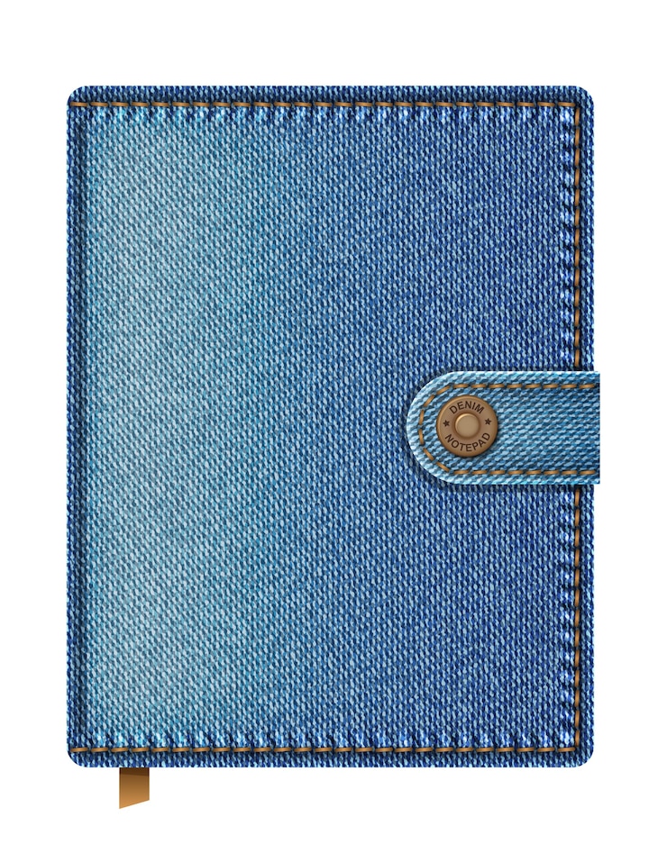 Vector buku catatan denim biru yang diisolasi dengan latar belakang putih.