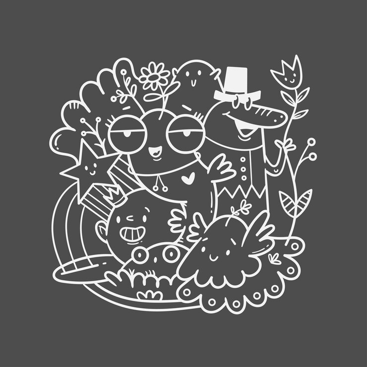 Vector buku mewarnai antistres dengan makhluk lucu cetakan doodle dengan karakter fantasi poster seni garis