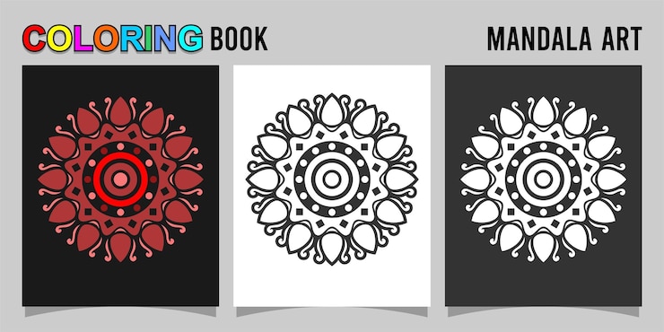 Vector buku mewarnai bentuk mandala yang diisolasi pada latar belakang putih dan hitam disertai dengan kontur berwarna