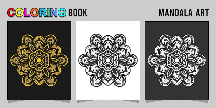 Vector buku mewarnai bentuk mandala yang diisolasi pada latar belakang putih dan hitam disertai dengan kontur berwarna