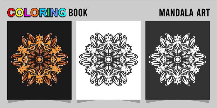 Vector buku mewarnai bentuk mandala yang diisolasi pada latar belakang putih dan hitam disertai dengan kontur berwarna