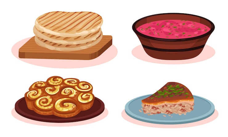 Vector bulgarian cuisine national food dishes collection grilled wheat cakes agneshko stuffed pie banitsa twisted pie red beet soup vector illustration on white background