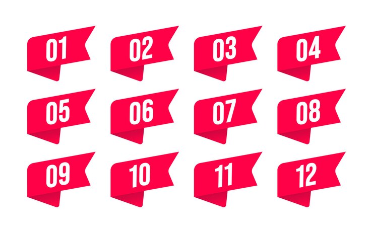 Bullet point 1 to 12. Red label ribbons set. Vector illustration.