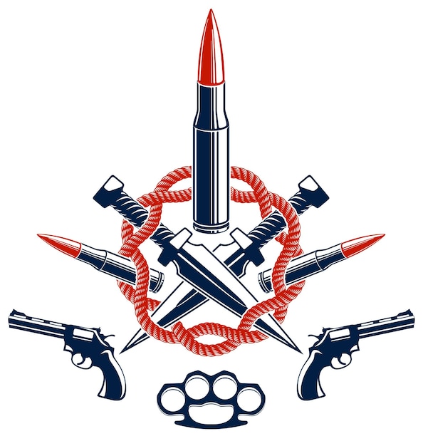 bullets and guns vector emblem of revolution and war, logo or tattoo with lots of different design elements, anarchy and chaos concept, criminal and gangster style, social tension theme.