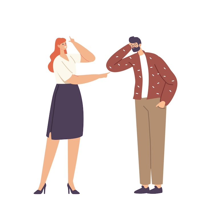 Vector bullying, abuse concept. hater laughing on man showing loser gesture. male character crying after being bullied and called offensive names with colleague bully. cartoon people vector illustration