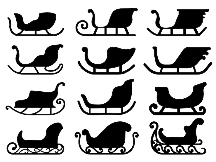 Bundle of black silhouettes of Santa Claus sleigh on white background
