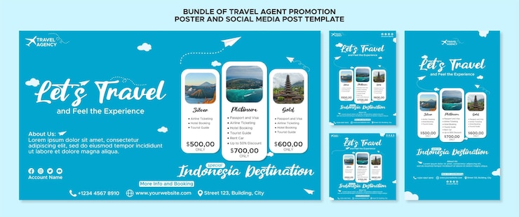 Vector bundle of travel agent promotion
poster and social media post template